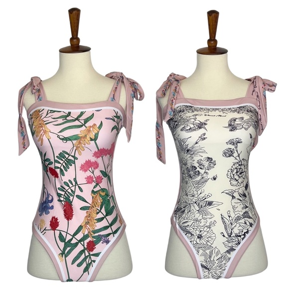 Retro Pink and White Floral Reversible Swimsuit with Shoulder Ties - Picture 8 of 16